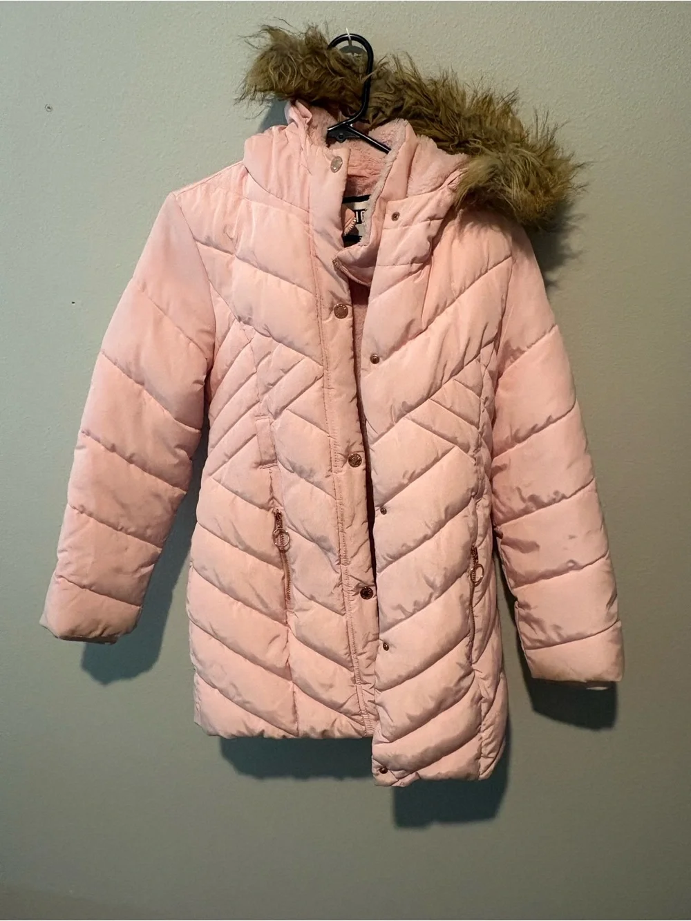 Justice Light Pink Quilted Puffer Coat with Faux-Fur Trim Hood